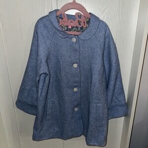 Bisby Girls Wool Blend Collared Button Midi Coat Size Floral Lining Large‎ Blue